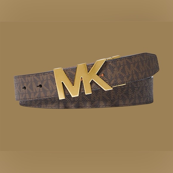 Michael Kors Dark Brown Reversible SignatureLogo Belt with Gold MK Buckle. New